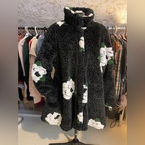 Vintage Floral Faux Fur Coat Black White Rose Pattern Plush Jacket